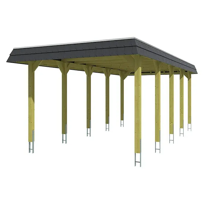 SKAN HOLZ Carport Spreewald - Außenmaß inkl. Dachüberstand (B x T): 3,45 x 7,41 m, Einzelcarport, Nussbaum, Farbe Dach: Aluminium, Aluminium-Dachplatten - Bild eines freistehenden Holzcarports mit dunklem Dach und robusten Pfosten, ideal für den Schutz von Fahrzeugen.