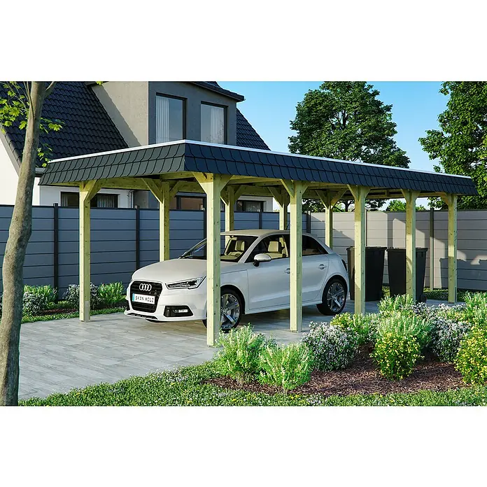 SKAN HOLZ Carport Spreewald - Außenmaß inkl. Dachüberstand (B x T): 3,45 x 7,41 m, Einzelcarport, Grün, Farbe Dach: Aluminium, Dachschalung mit EPDM-Folie - Ein modernes Carport aus Holz mit dunklem Ziegeldach schützt ein weißes Auto. Das Carport fügt sich nahtlos in den Garten ein.