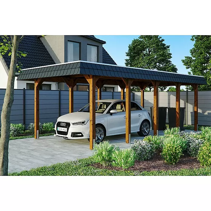 SKAN HOLZ Carport Spreewald - Außenmaß inkl. Dachüberstand (B x T): 3,45 x 7,41 m, Einzelcarport, Nussbaum, Farbe Dach: Aluminium, Aluminium-Dachplatten - Anwendungsbeispiel