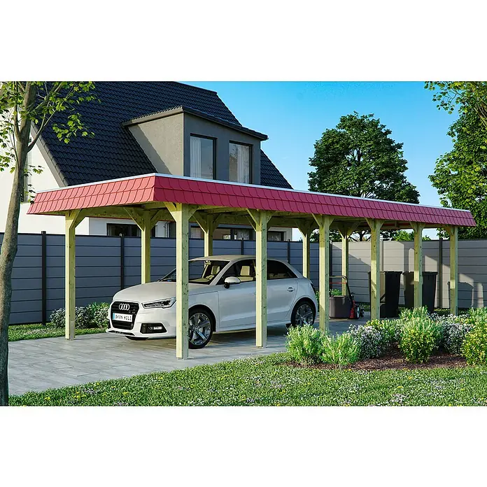 SKAN HOLZ Carport Spreewald - Außenmaß inkl. Dachüberstand (B x T): 3,45 x 8,93 m, Einzelcarport, Grün, Farbe Dach: Rot, Aluminium-Dachplatten - Carport mit rotem Dach und weißem Auto. Das Carport bietet Schutz für das Fahrzeug und fügt sich gut in die Gartengestaltung ein.