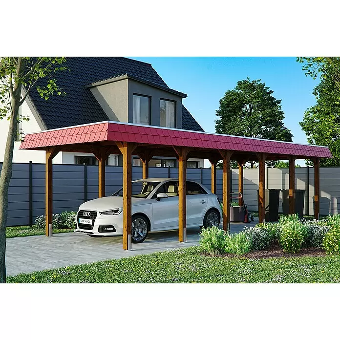SKAN HOLZ Carport Spreewald - Außenmaß inkl. Dachüberstand (B x T): 3,45 x 8,93 m, Einzelcarport, Nussbaum, Farbe Dach: Rot, Aluminium-Dachplatten - Anwendungsbeispiel