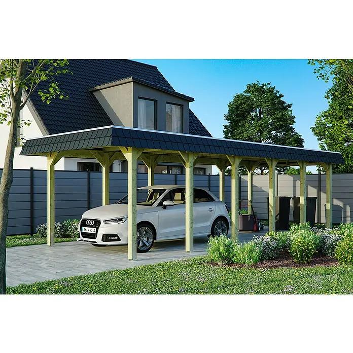 SKAN HOLZ Carport Spreewald - Außenmaß inkl. Dachüberstand (B x T): 3,45 x 8,93 m, Einzelcarport, Grün, Farbe Dach: Aluminium, Aluminium-Dachplatten - Ein Carport aus Holz mit einem weißen Audi darunter, der Schutz vor den Elementen bietet und gleichzeitig stilvoll aussieht.