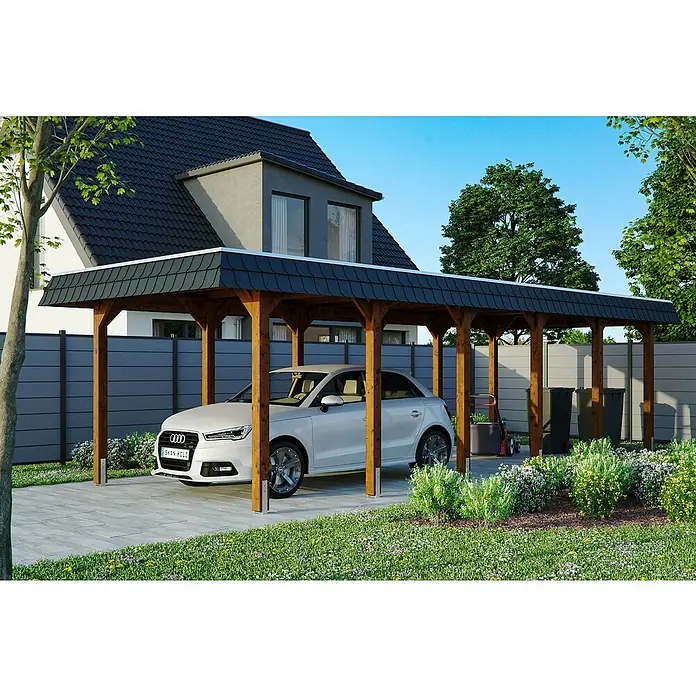 SKAN HOLZ Carport Spreewald - Außenmaß inkl. Dachüberstand (B x T): 3,45 x 8,93 m, Einzelcarport, Nussbaum, Farbe Dach: Aluminium, Aluminium-Dachplatten - Ein modernes Carport mit dunklem Dach und Holzstützen, das ein weißes Auto schützt und sich nahtlos in den Garten einfügt.