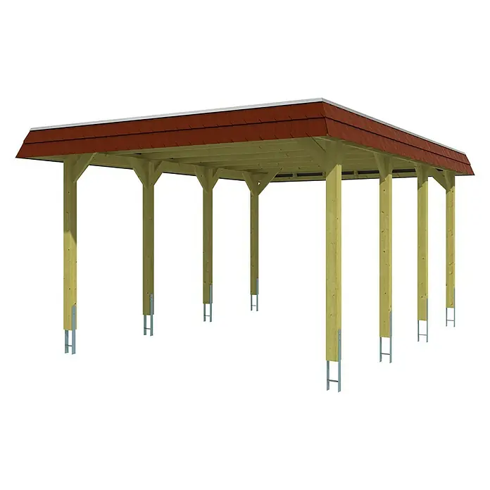 SKAN HOLZ Carport Spreewald - Außenmaß inkl. Dachüberstand (B x T): 3,96 x 5,89 m, Einzelcarport, Grün, Farbe Dach: Rot, Aluminium-Dachplatten - Geräumiger Holzpavillon mit rotem Ziegeldach, ideal für den Außenbereich. Stabiles Design und attraktives Aussehen zeichnen diesen Pavillon aus.