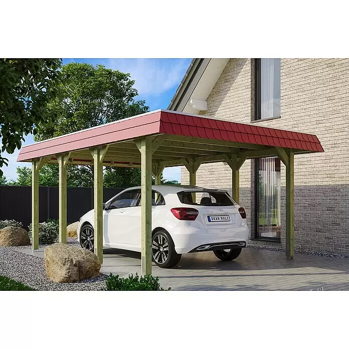 SKAN HOLZ Carport Spreewald - Außenmaß inkl. Dachüberstand (B x T): 3,96 x 5,89 m, Einzelcarport, Grün, Farbe Dach: Rot, Aluminium-Dachplatten - Anwendungsbeispiel