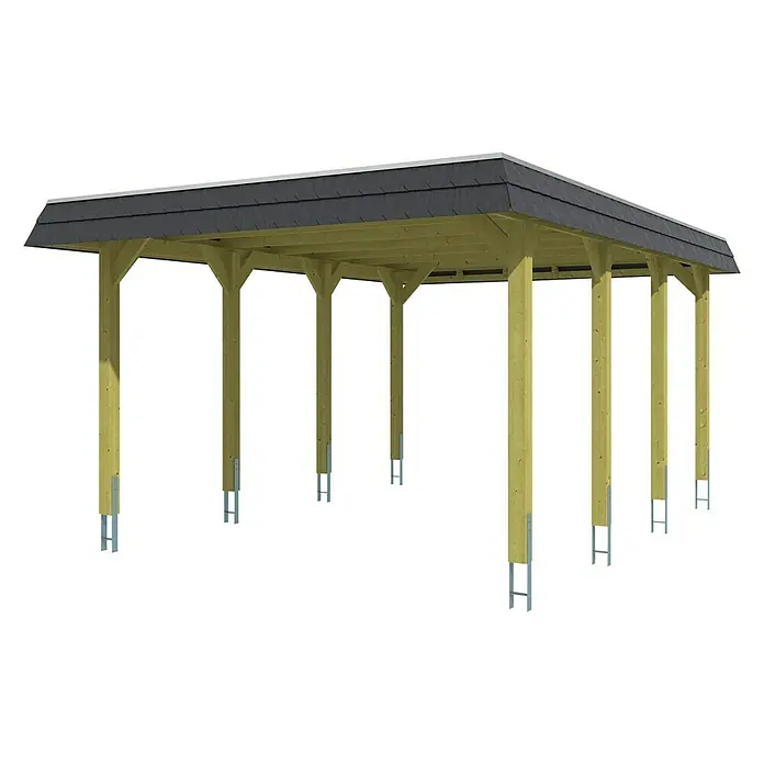 SKAN HOLZ Carport Spreewald - Außenmaß inkl. Dachüberstand (B x T): 3,96 x 5,89 m, Einzelcarport, Grün, Farbe Dach: Aluminium, Dachschalung mit EPDM-Folie - Bild eines Holzpavillons mit Schindeldach, der auf Metallstützen steht. Der Pavillon ist unmöbliert und hat einen dunklen Hintergrund.