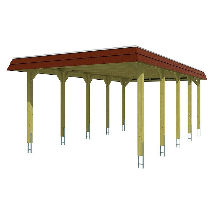SKAN HOLZ Carport Spreewald (Außenmaß inkl. Dachüberstand (B x T): 3,96 x 7,41 m, Einzelcarport, Grün, Farbe Dach: Rot, Dachschalung mit EPDM-Folie) | BAUHAUS