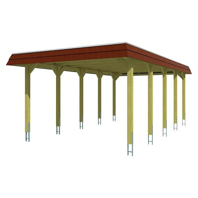 SKAN HOLZ Carport Spreewald - Außenmaß inkl. Dachüberstand (B x T): 3,96 x 7,41 m, Einzelcarport, Grün, Farbe Dach: Rot, Dachschalung mit EPDM-Folie - Darstellung eines Carports mit Holzrahmen und rotem Dach, der durch seine robuste Bauweise besticht. Ideal als Unterstand für Fahrzeuge.