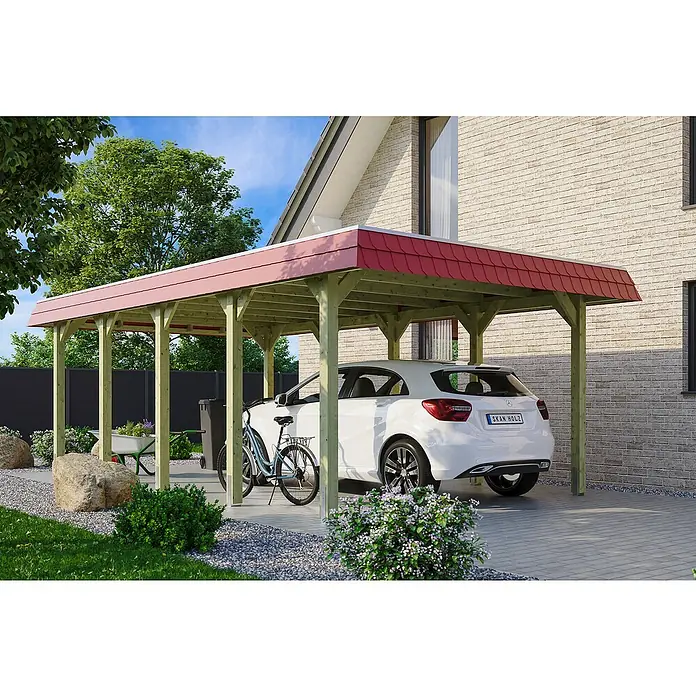 SKAN HOLZ Carport Spreewald - Außenmaß inkl. Dachüberstand (B x T): 3,96 x 7,41 m, Einzelcarport, Grün, Farbe Dach: Rot, Dachschalung mit EPDM-Folie - Das Bild zeigt ein Carport mit einem roten Dach, unter dem ein weißes Auto und ein Fahrrad stehen. Es gibt auch Pflanzen und Steine im Vordergrund.