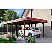 SKAN HOLZ Carport Spreewald (Außenmaß inkl. Dachüberstand (B x T): 3,96 x 7,41 m, Einzelcarport, Nussbaum, Farbe Dach: Rot, Aluminium-Dachplatten) | BAUHAUS