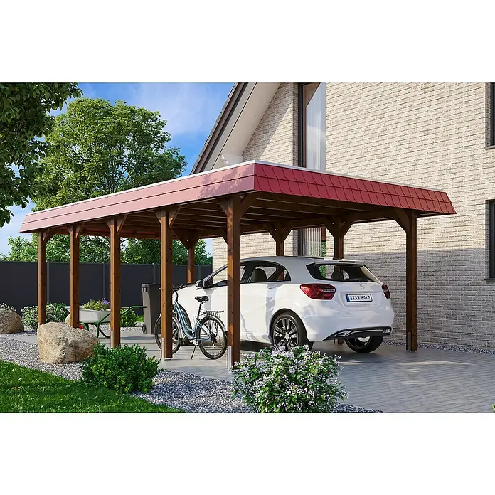 SKAN HOLZ Carport Spreewald - Außenmaß inkl. Dachüberstand (B x T): 3,96 x 7,41 m, Einzelcarport, Nussbaum, Farbe Dach: Rot, Aluminium-Dachplatten - Carport aus Holz mit rotem Dach, darunter ein weißes Auto und ein Fahrrad. Bietet Schutz und ist eine stilvolle Ergänzung für jedes Zuhause.