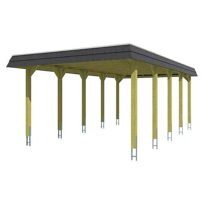 SKAN HOLZ Carport Spreewald - Außenmaß inkl. Dachüberstand (B x T): 3,96 x 7,41 m, Einzelcarport, Nussbaum, Farbe Dach: Aluminium, Dachschalung mit EPDM-Folie - Holzcarport mit dunklem Dach und stabilen Pfosten mit silberfarbenen Metallfüßen. Ideal für den Schutz von Fahrzeugen vor Witterungseinflüssen.