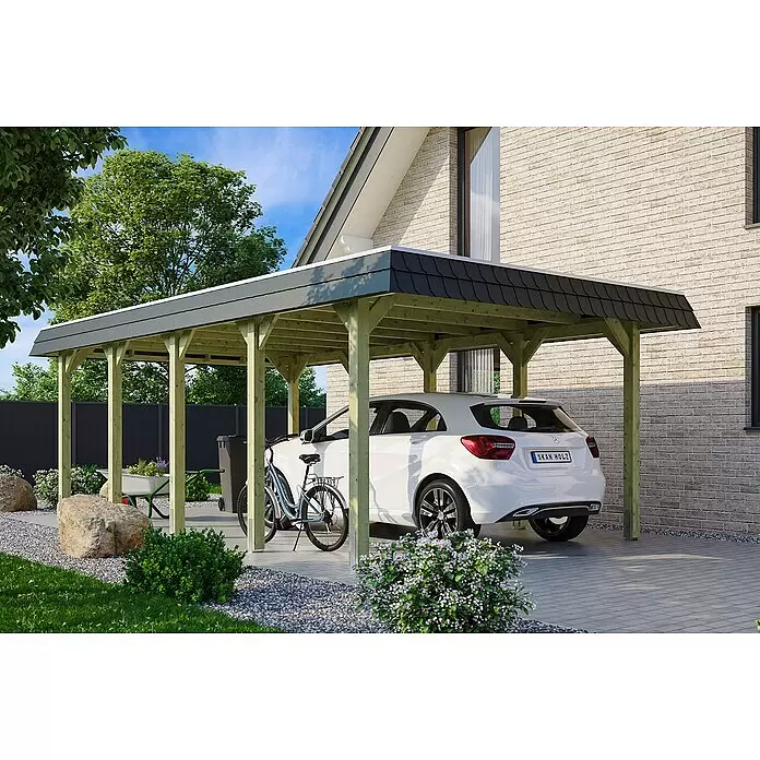 SKAN HOLZ Carport Spreewald - Außenmaß inkl. Dachüberstand (B x T): 3,96 x 7,41 m, Einzelcarport, Grün, Farbe Dach: Aluminium, Dachschalung mit EPDM-Folie - Anwendungsbeispiel