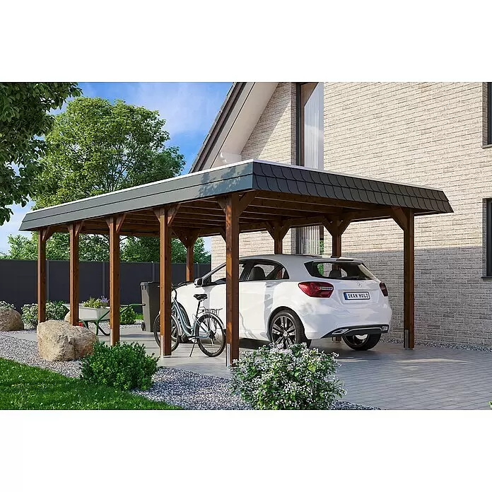 SKAN HOLZ Carport Spreewald - Außenmaß inkl. Dachüberstand (B x T): 3,96 x 7,41 m, Einzelcarport, Nussbaum, Farbe Dach: Aluminium, Dachschalung mit EPDM-Folie - Anwendungsbeispiel