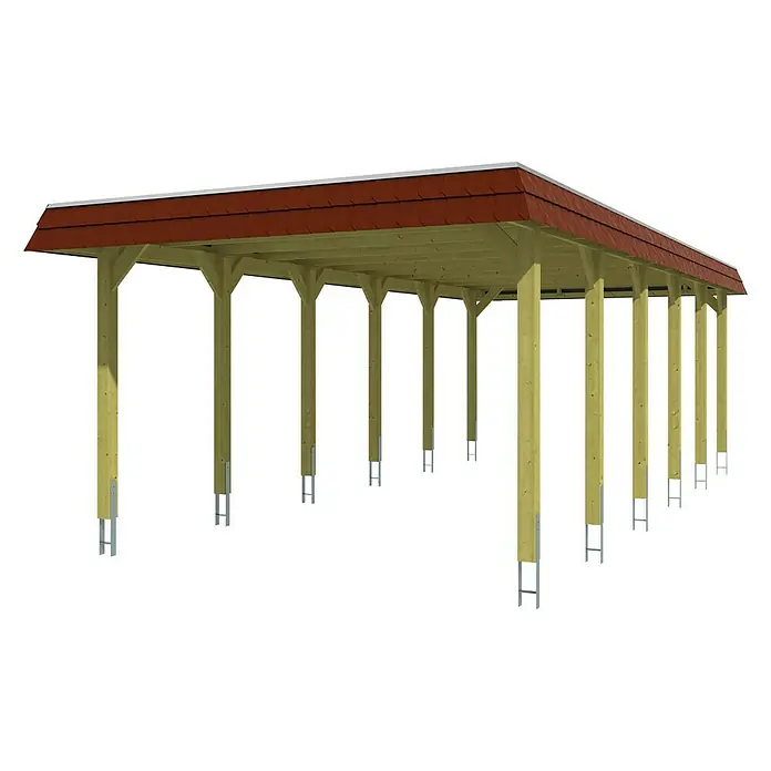 SKAN HOLZ Carport Spreewald - Außenmaß inkl. Dachüberstand (B x T): 3,96 x 8,93 m, Einzelcarport, Grün, Farbe Dach: Rot, Dachschalung mit EPDM-Folie - Bild eines Holzcarports mit rotem Dach und grauen Metallstützen, das eine robuste und stilvolle Lösung zum Schutz von Fahrzeugen bietet.
