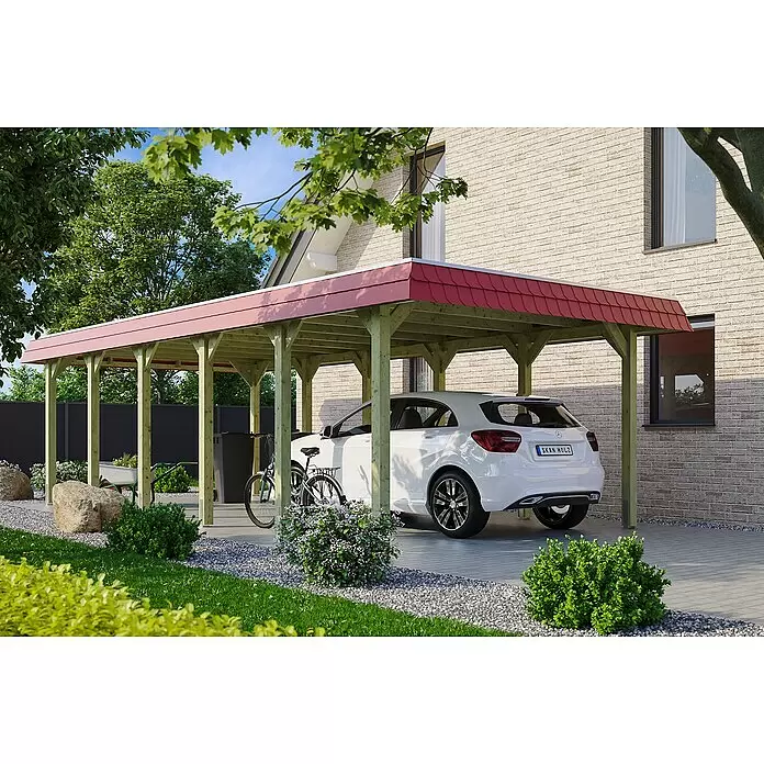 SKAN HOLZ Carport Spreewald - Außenmaß inkl. Dachüberstand (B x T): 3,96 x 8,93 m, Einzelcarport, Grün, Farbe Dach: Rot, Dachschalung mit EPDM-Folie - Anwendungsbeispiel