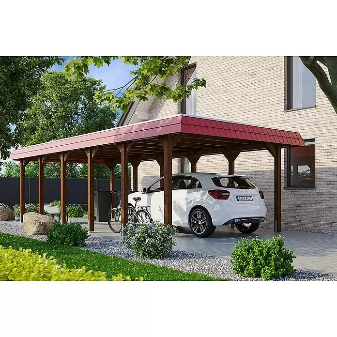 SKAN HOLZ Carport Spreewald - Außenmaß inkl. Dachüberstand (B x T): 3,96 x 8,93 m, Einzelcarport, Nussbaum, Farbe Dach: Rot, Dachschalung mit EPDM-Folie - Anwendungsbeispiel