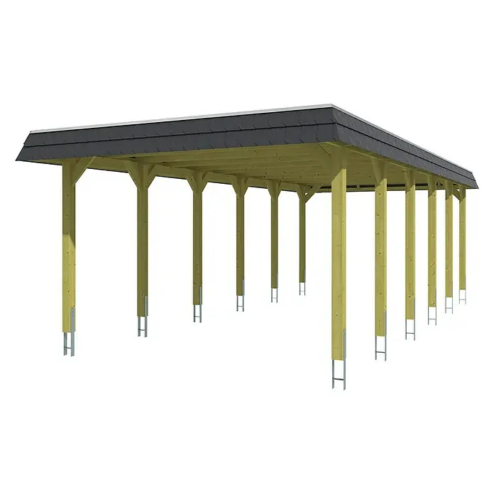 SKAN HOLZ Carport Spreewald - Außenmaß inkl. Dachüberstand (B x T): 3,96 x 8,93 m, Einzelcarport, Grün, Farbe Dach: Aluminium, Aluminium-Dachplatten - Bild eines Holzcarports mit dunklem Dach und mehreren Pfosten zur Unterstützung der Struktur. Eine elegante und praktische Lösung.