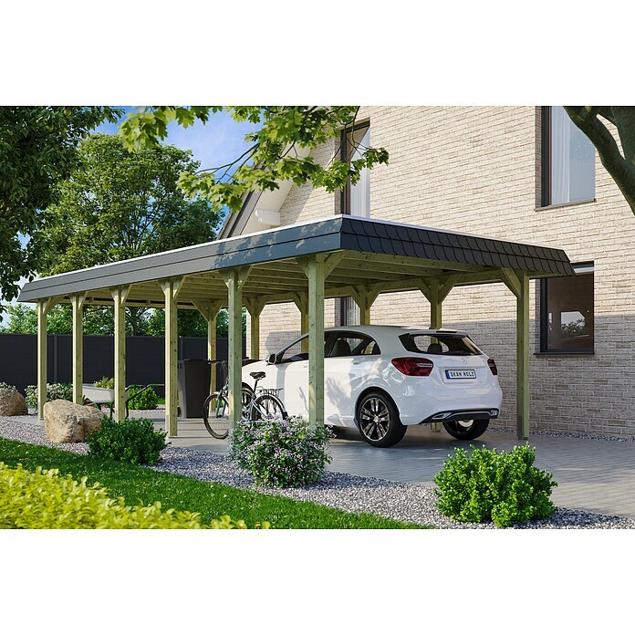 Skan Holz Carport Spreewald (Außenmaß inkl. Dachüberstand (B x T): 3,96 x 8,93 m, Einzelcarport, Grün, Farbe Dach: Schwarz, Dachschalung mit EPDM-Foli