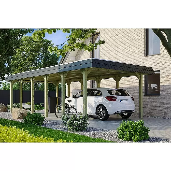 SKAN HOLZ Carport Spreewald - Außenmaß inkl. Dachüberstand (B x T): 3,96 x 8,93 m, Einzelcarport, Grün, Farbe Dach: Aluminium, Aluminium-Dachplatten - Anwendungsbeispiel