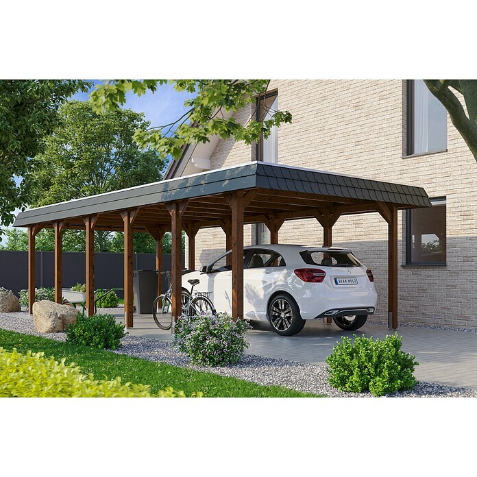 Skan Holz Carport Spreewald (Außenmaß inkl. Dachüberstand (B x T): 3,96 x 8,93 m, Einzelcarport, Nussbaum, Farbe Dach: Schwarz, Dachschalung mit EPDM-