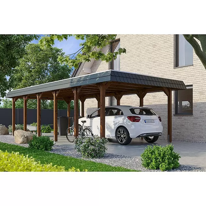 SKAN HOLZ Carport Spreewald - Außenmaß inkl. Dachüberstand (B x T): 3,96 x 8,93 m, Einzelcarport, Nussbaum, Farbe Dach: Schwarz, Dachschalung mit EPDM-Folie - Anwendungsbeispiel