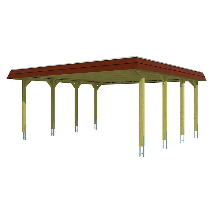 SKAN HOLZ Carport Spreewald - Außenmaß inkl. Dachüberstand (B x T): 5,85 x 5,89 m, Doppelcarport, Nussbaum, Farbe Dach: Rot, Dachschalung mit EPDM-Folie - Ansicht eines Holzcarports mit rotem Dach, unterstützt von Holzpfosten, ideal für den Schutz von Fahrzeugen vor Witterungseinflüssen.