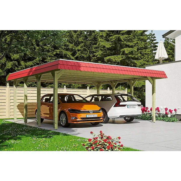 SKAN HOLZ Carport Spreewald - Außenmaß inkl. Dachüberstand (B x T): 5,85 x 5,89 m, Doppelcarport, Grün, Farbe Dach: Rot, Dachschalung mit EPDM-Folie - Doppelcarport aus Holz mit rotem Dach und zwei geparkten Autos, ein orangefarbener VW und ein weißer Volvo.