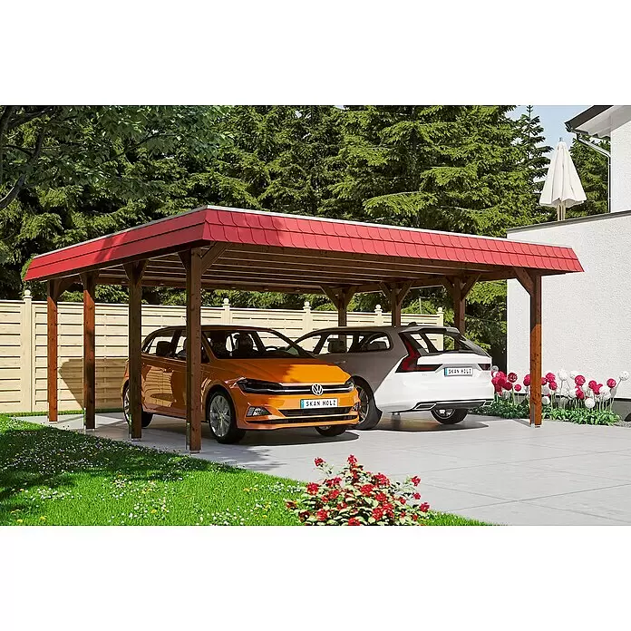 SKAN HOLZ Carport Spreewald - Außenmaß inkl. Dachüberstand (B x T): 5,85 x 5,89 m, Doppelcarport, Nussbaum, Farbe Dach: Rot, Dachschalung mit EPDM-Folie - Anwendungsbeispiel