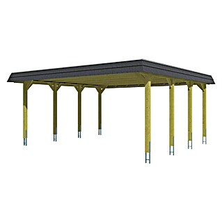 SKAN HOLZ Carport Spreewald (Außenmaß inkl. Dachüberstand (B x T): 5,85 x 5,89 m, Doppelcarport, Grün, Farbe Dach: Aluminium, Aluminium-Dachplatten)