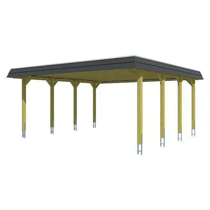 SKAN HOLZ Carport Spreewald - Außenmaß inkl. Dachüberstand (B x T): 5,85 x 5,89 m, Doppelcarport, Grün, Farbe Dach: Aluminium, Dachschalung mit EPDM-Folie - Bild eines Carports mit Holzpfosten und einem dunklen Dach. Das Carport bietet Schutz für Fahrzeuge vor Witterungseinflüssen.