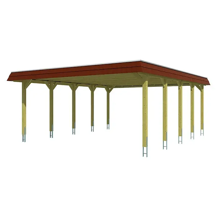 SKAN HOLZ Carport Spreewald - Außenmaß inkl. Dachüberstand (B x T): 5,85 x 7,41 m, Doppelcarport, Grün, Farbe Dach: Rot, Aluminium-Dachplatten - Abbildung einer Holzkonstruktion mit braunem Dach und gelben Stützen, ideal als Unterstand für Fahrzeuge oder Sitzbereich im Freien.