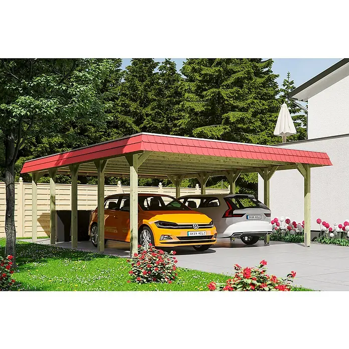 SKAN HOLZ Carport Spreewald - Außenmaß inkl. Dachüberstand (B x T): 5,85 x 7,41 m, Doppelcarport, Grün, Farbe Dach: Rot, Aluminium-Dachplatten - Ein Carport von Skan Holz mit rotem Dach, unter dem ein gelber VW Polo und ein weißer Volvo geparkt sind.