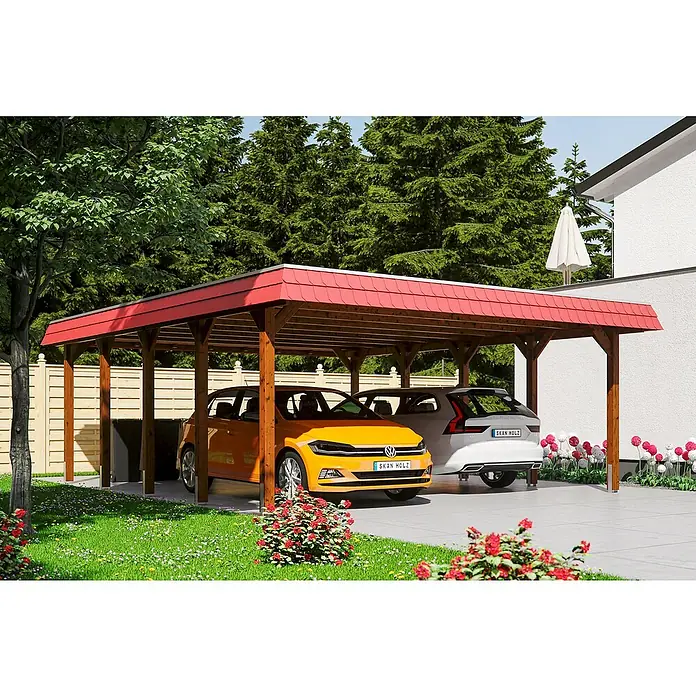 SKAN HOLZ Carport Spreewald - Außenmaß inkl. Dachüberstand (B x T): 5,85 x 7,41 m, Doppelcarport, Nussbaum, Farbe Dach: Aluminium, Aluminium-Dachplatten - Ein Carport aus Holz mit rotem Dach, unter dem ein gelber VW Polo und ein weißer Volvo geparkt sind, bietet Schutz und fügt sich gut in den Garten ein.
