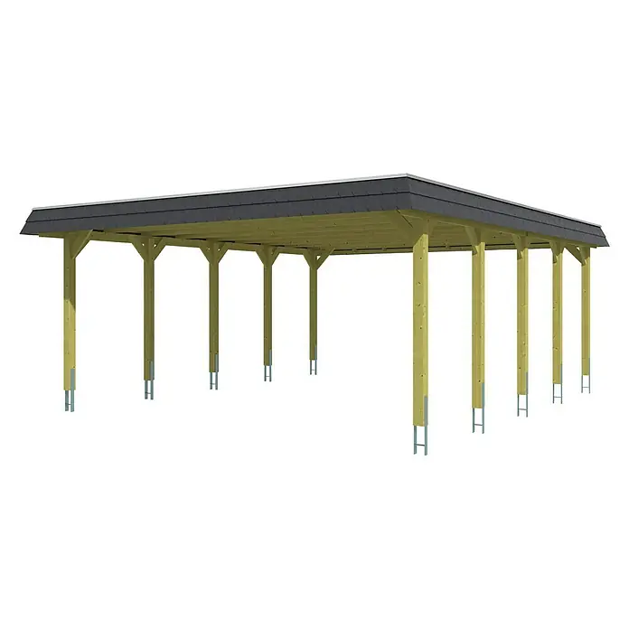 SKAN HOLZ Carport Spreewald - Außenmaß inkl. Dachüberstand (B x T): 5,85 x 7,41 m, Doppelcarport, Nussbaum, Farbe Dach: Aluminium, Dachschalung mit EPDM-Folie - Das Bild zeigt eine Holzkonstruktion, möglicherweise ein Carport oder eine Überdachung, mit mehreren Stützpfosten und einem dunklen Dach.