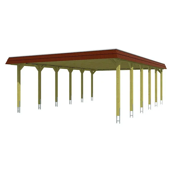 SKAN HOLZ Carport Spreewald - Außenmaß inkl. Dachüberstand (B x T): 5,85 x 8,93 m, Doppelcarport, Nussbaum, Farbe Dach: Rot, Materialspezifizierung Dach: EPDM-Folie, Fichte - Das Bild zeigt ein Carport mit rotem Dach, das von gelben Holzpfosten getragen wird, die auf Metallstützen stehen.