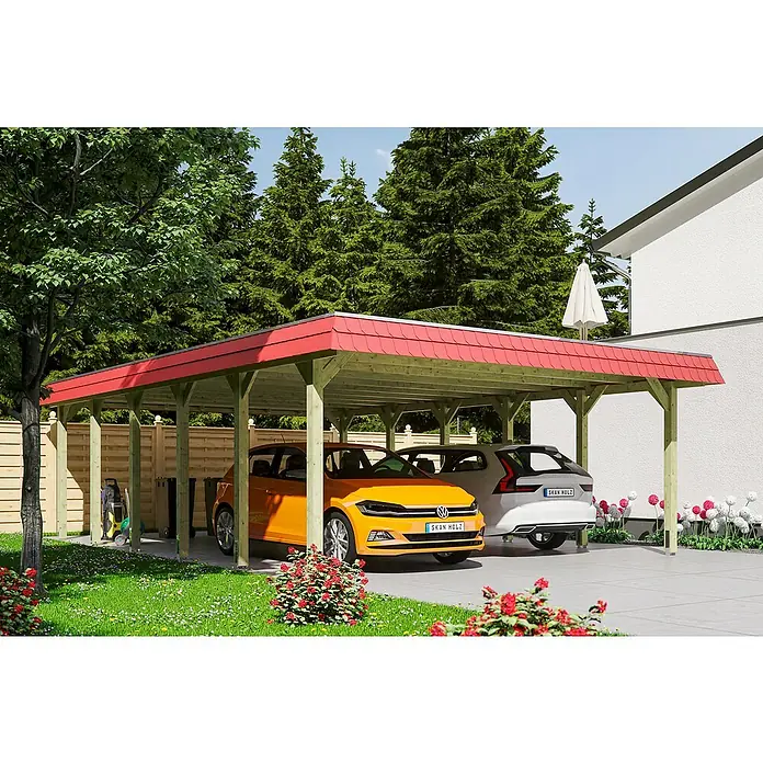 SKAN HOLZ Carport Spreewald - Außenmaß inkl. Dachüberstand (B x T): 5,85 x 8,93 m, Doppelcarport, Grün, Farbe Dach: Rot, Materialspezifizierung Dach: EPDM-Folie, Fichte - SKAN HOLZ Doppelcarport mit zwei Autos. Das Carport bietet Schutz vor Witterungseinflüssen.