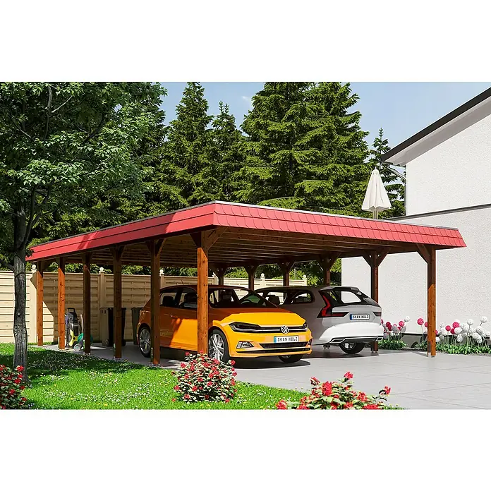 SKAN HOLZ Carport Spreewald - Außenmaß inkl. Dachüberstand (B x T): 5,85 x 8,93 m, Doppelcarport, Nussbaum, Farbe Dach: Rot, Materialspezifizierung Dach: EPDM-Folie, Fichte - Ein Carport mit rotem Dach schützt zwei Autos vor den Elementen, umgeben von üppigem Grün und Blumen.