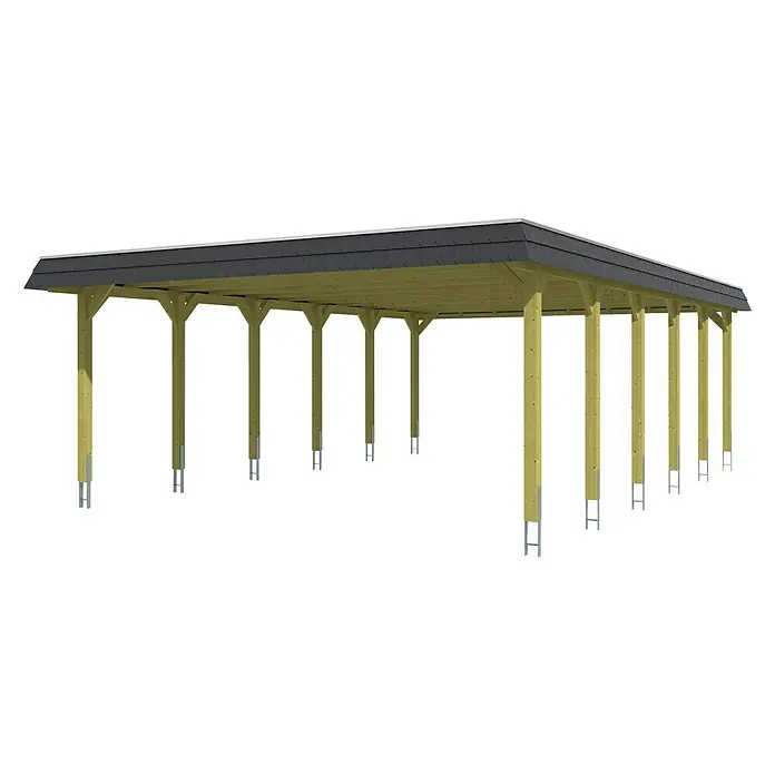 SKAN HOLZ Carport Spreewald - Außenmaß inkl. Dachüberstand (B x T): 5,85 x 8,93 m, Doppelcarport, Grün, Farbe Dach: Aluminium, Aluminium-Dachplatten - Eine lange, hölzerne Terrassenüberdachung mit mehreren Stützbalken und einem dunklen Dach, ideal für den Außenbereich.