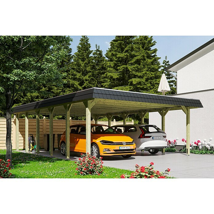 Skan Holz Carport Spreewald (Außenmaß inkl. Dachüberstand (B x T): 5,85 x 8,93 m, Doppelcarport, Grün, Farbe Dach: Aluminium, Dachschalung mit EPDM-Fo