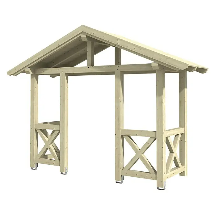 Skan Holz Giebelvordach Stralsund 5360 x 139 x 208 cm, Natur - Holzpergola mit Giebeldach, ideal als dekoratives Gartenelement. Die robuste Konstruktion bietet Schatten und Schutz vor Wind und Wetter.