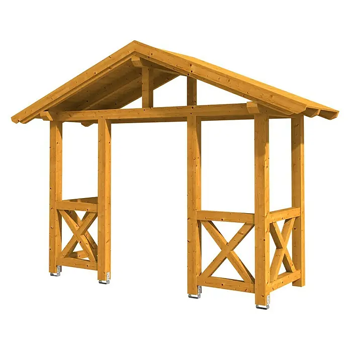 Skan Holz Giebelvordach Stralsund 5360 x 139 x 208 cm, Eiche Hell - Holzbalkenstruktur mit einem rustikalen Charme, ideal für Gärten und Außenbereiche, die einen natürlichen Akzent benötigen.