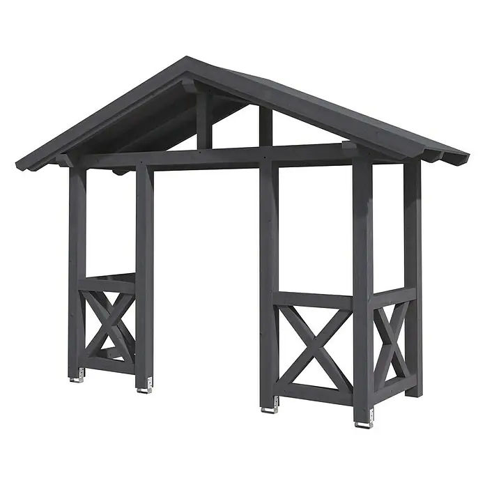 Skan Holz Giebelvordach Stralsund 5360 x 139 x 208 cm, Schiefergrau - Nahaufnahme eines dunkelgrauen Gartenpavillons mit einem Satteldach und dekorativen Kreuzstreben für einen stilvollen Außenbereich.