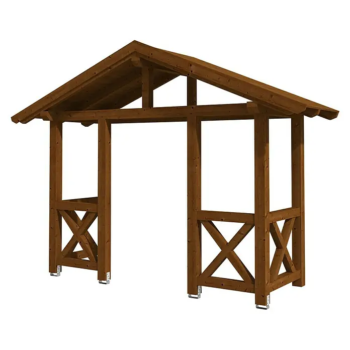 Skan Holz Giebelvordach Stralsund 5360 x 139 x 208 cm, Nussbaum - Detailaufnahme eines rustikalen Holzpavillons mit offenem Design und Giebeldach, ideal für Garten und Terrasse.