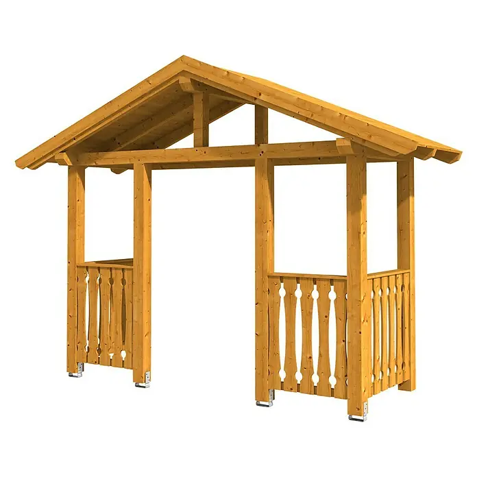 Skan Holz Giebelvordach Stralsund 6360 x 139 x 208 cm, Eiche Hell - Holzeingangsportal mit dekorativen Elementen und stabilen Trägern. Ideal für Gärten oder Höfe.