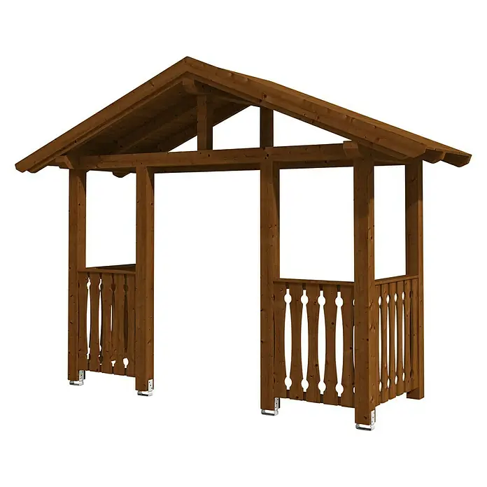 Skan Holz Giebelvordach Stralsund 6360 x 139 x 208 cm, Nussbaum - Holzpavillon mit Satteldach, rustikalem Geländer und Metallfüßen. Ideal für Garten oder Terrasse.