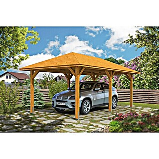 Skan Holz Carport Taunus (Außenmaß inkl. Dachüberstand (B x T): 3,74 x 6,56 m, Einzelcarport, Eiche Hell)