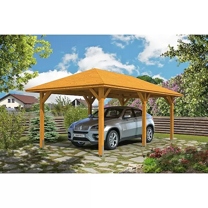 SKAN HOLZ Carport Taunus - Außenmaß inkl. Dachüberstand (B x T): 3,74 x 6,56 m, Einzelcarport, Eiche Hell - Anwendungsbeispiel