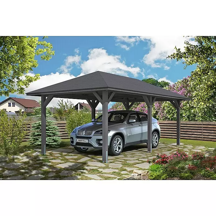 SKAN HOLZ Carport Taunus - Außenmaß inkl. Dachüberstand (B x T): 3,74 x 6,56 m, Einzelcarport, Schiefergrau - Anwendungsbeispiel