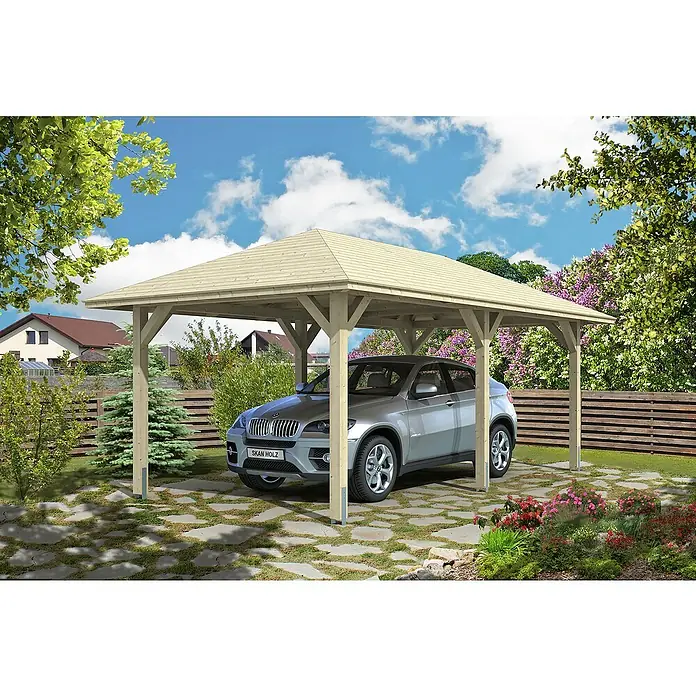 SKAN HOLZ Carport Taunus - Außenmaß inkl. Dachüberstand (B x T): 3,74 x 6,56 m, Einzelcarport, Natur - Carport aus Holz mit grauem Auto. Das Carport bietet Schutz für das Auto und fügt sich gut in den Garten ein.
